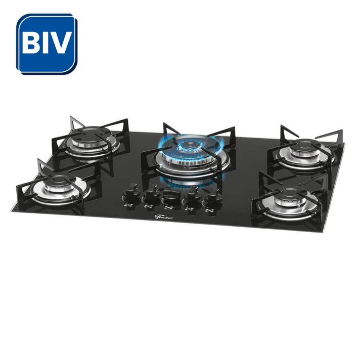 Cooktop a Gás de Vidro Preto 5 Bocas Tripla Chama Fischer Bivolt